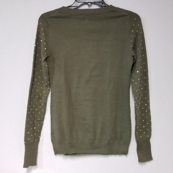 Womens EXPRESS Crew Neck Embellished Sleeve Fitted Sweater Olive Green Sz XS - Picture 2 of 5